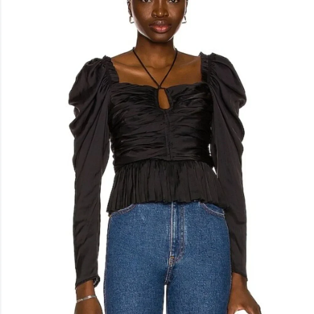 NWOT Ulla Johnson Mirelle Black Ruched Peplum Noir Blouse M $395